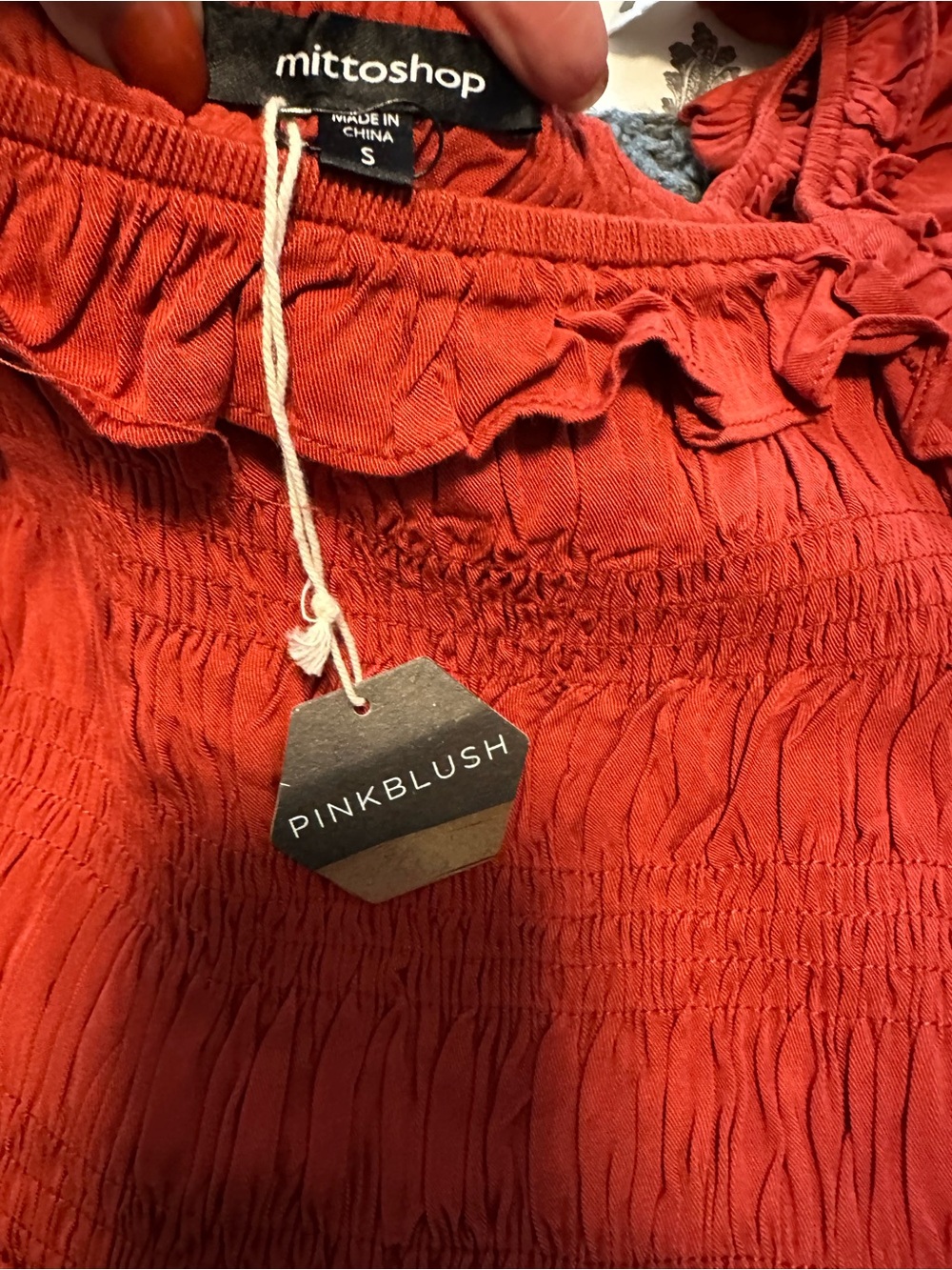 Pinkblush Rust Smocked Midi Dress Puff Sleeve Cottagecore Boho Prairie Sz S NWT - Picture 4 of 5